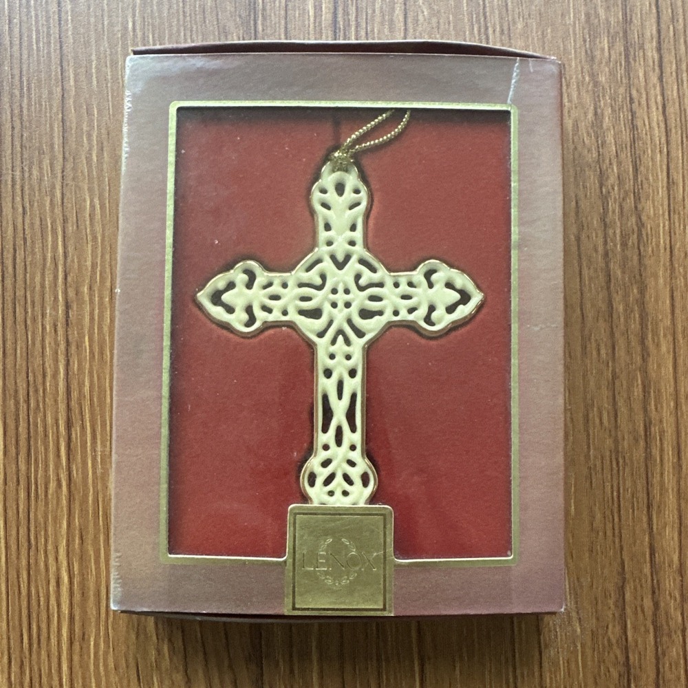 Lenox Pierced Holy Cross Christmas Ornament Porcelain Cream w Gold Tone Tassle